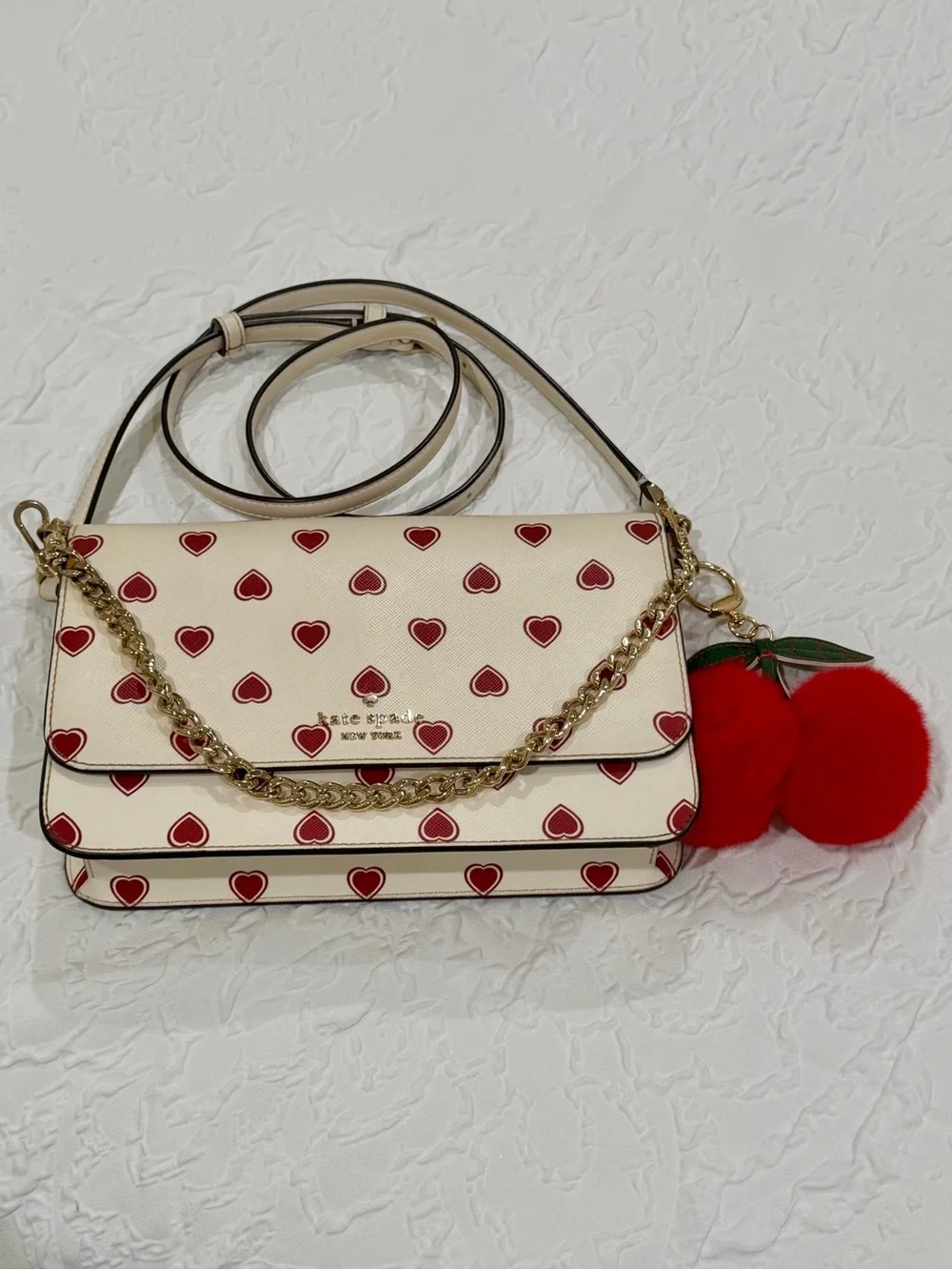 Kate Spade Madison Heart Print Flap Shoulder/Crossbody Bag w/ Cherry Keychain